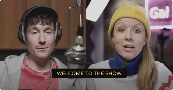 A man wearing headphones and a woman in a yellow beanie speaking on a split-screen video with the text 'WELCOME TO THE SHOW' at the bottom.